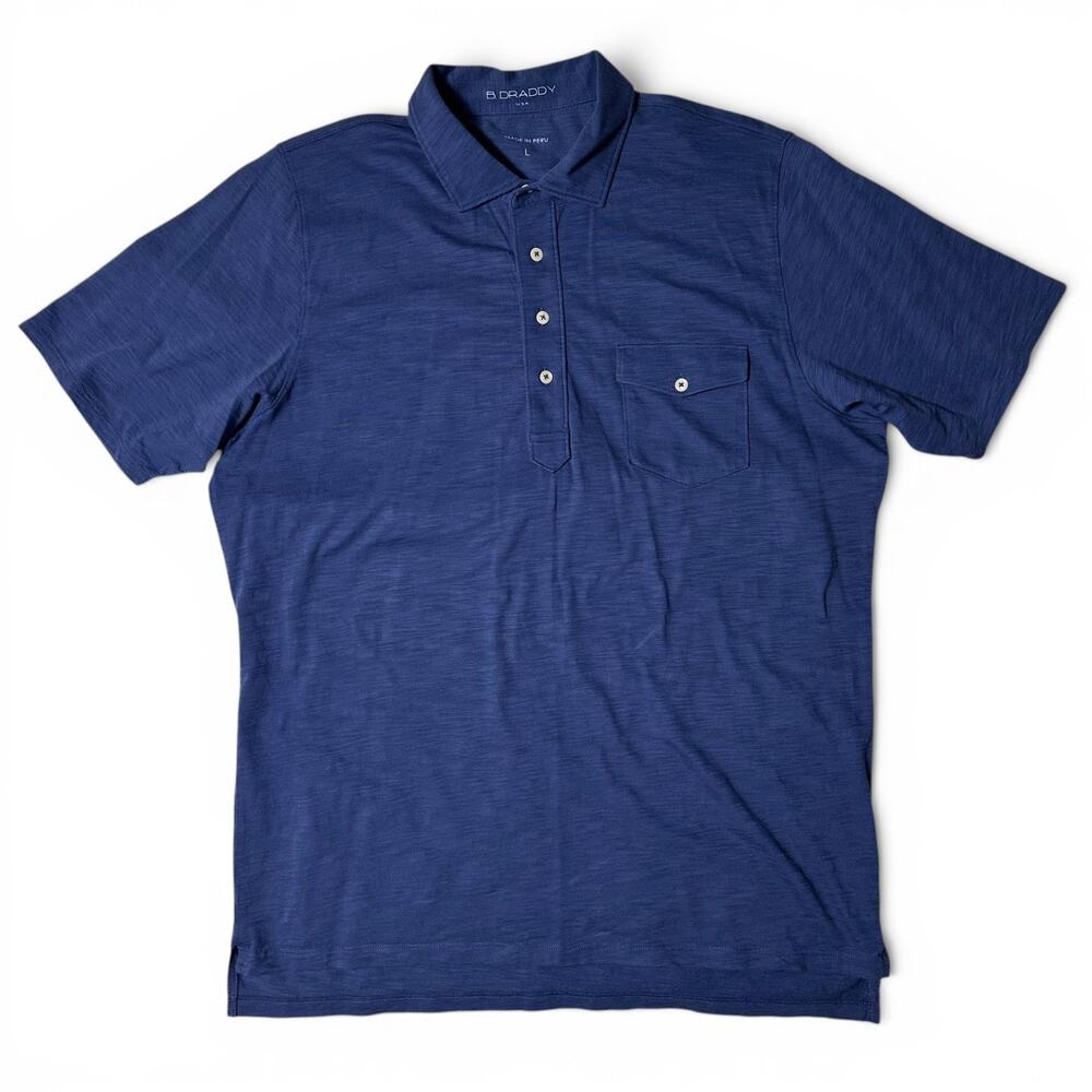 B Draddy Liam Golf Polo Shirt Mens Size L Blue Organic Pima Cotton Peru